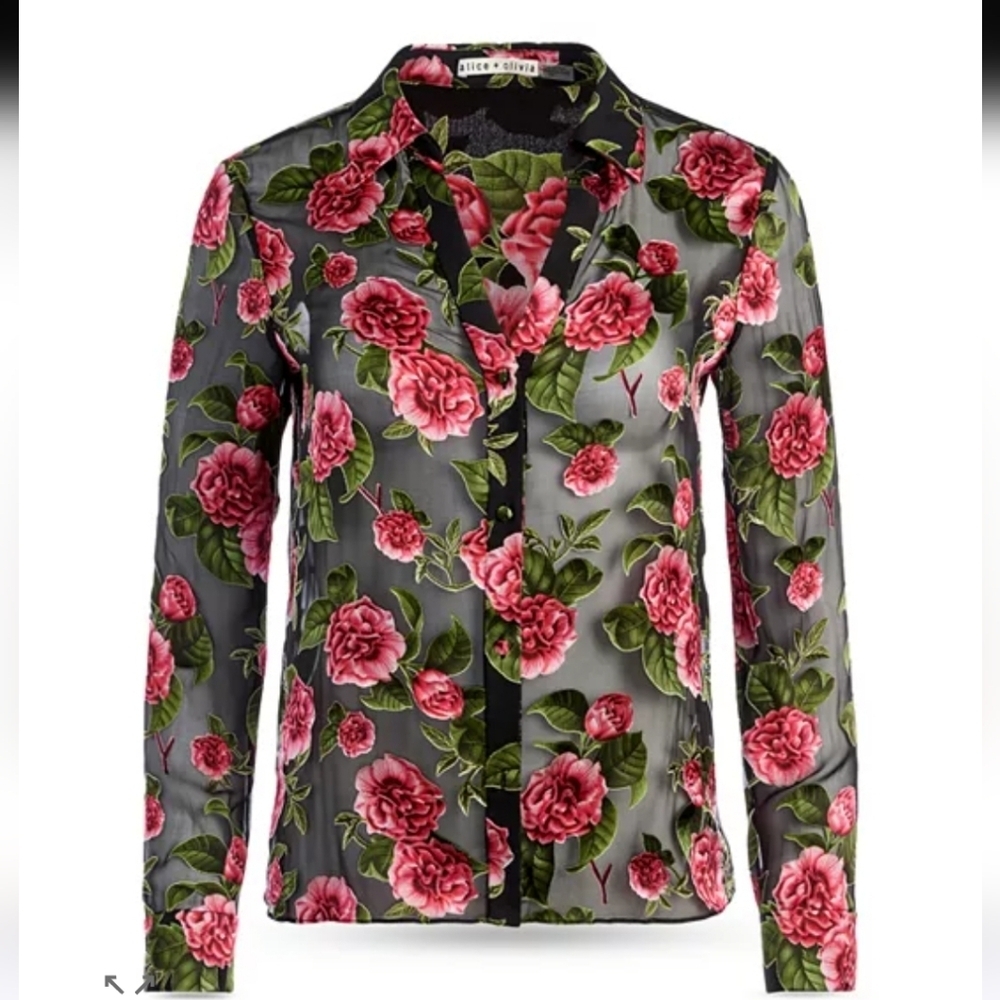 Alice and Olivia Eloise Floral Button Down Sheer Blouse Size XS - Picture 12 of 12